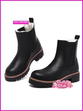 Women's Faux Fur Lined Chelsea Ankle Boots Chunky Lug Sole Pull On Winter